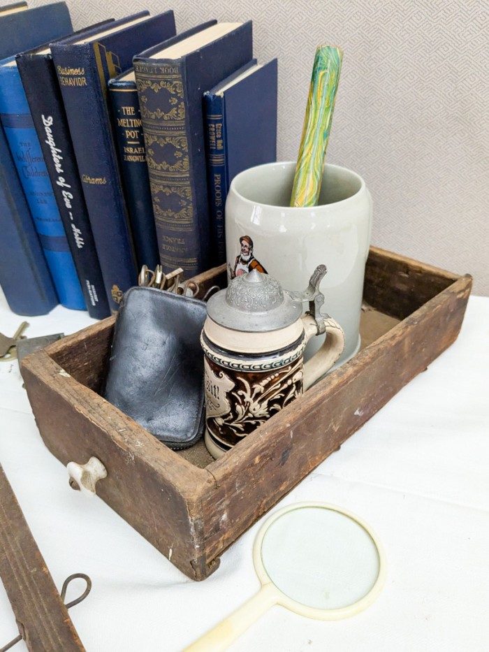 167. (7) Books, Drawer, (2) Beer Steins, Rack + Collectibles - Image 8