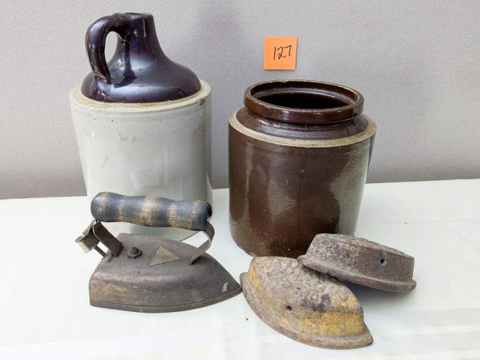 127. Stoneware Jug, Stoneware Crock + (3) Vintage Irons