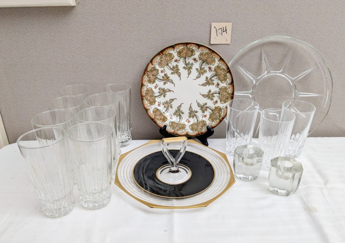 174. (8) Tumblers, (3) Short Tumblers, Plate, Candleholder + (2) Trays