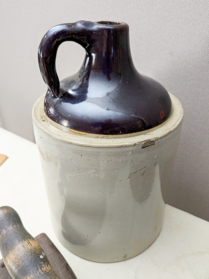 127. Stoneware Jug, Stoneware Crock + (3) Vintage Irons - Image 3