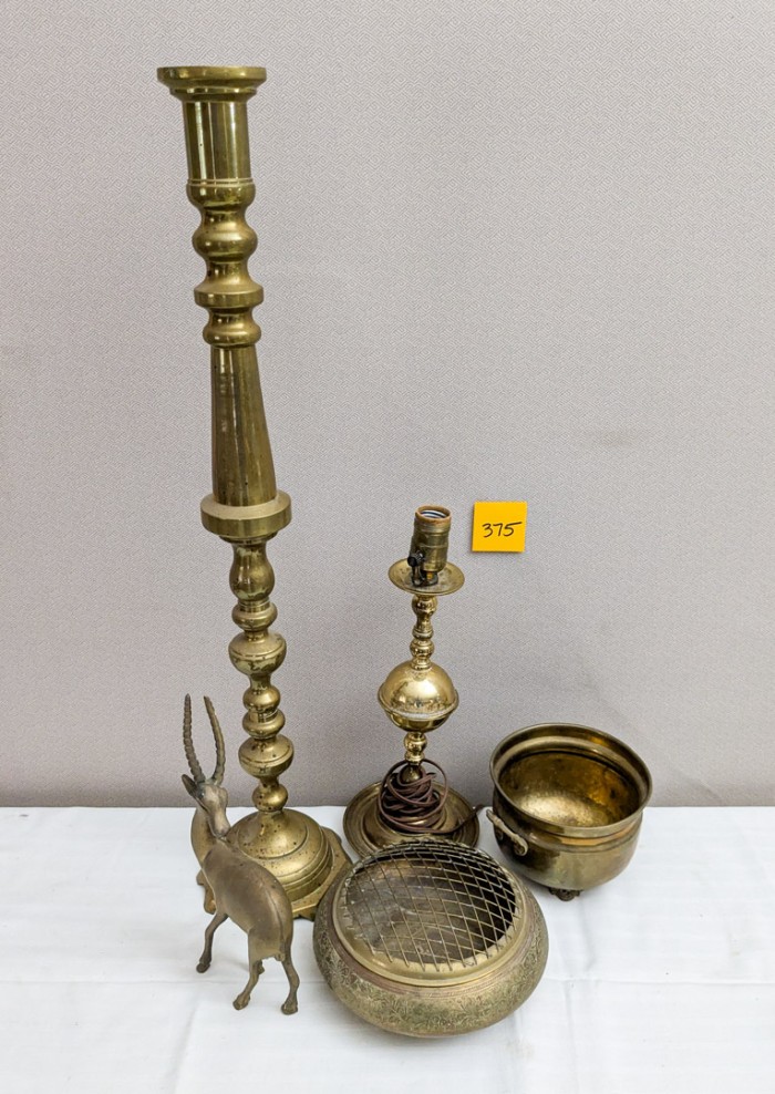 375. 28" Brass Candle Holder, 15" Brass Lamp, (2) Bowls + Deer