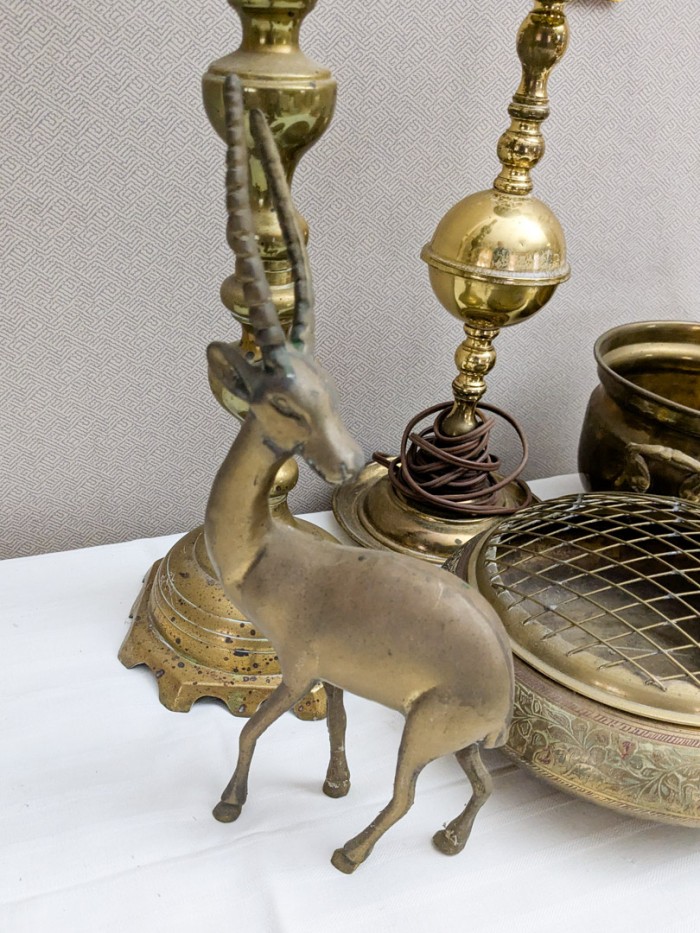 375. 28" Brass Candle Holder, 15" Brass Lamp, (2) Bowls + Deer - Image 2