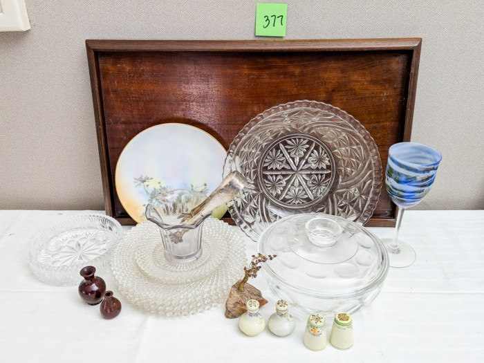 377. Wood Tray, Glass Plates, Bowls, Covered Dish, Salt + Pepper Set and Miniatures