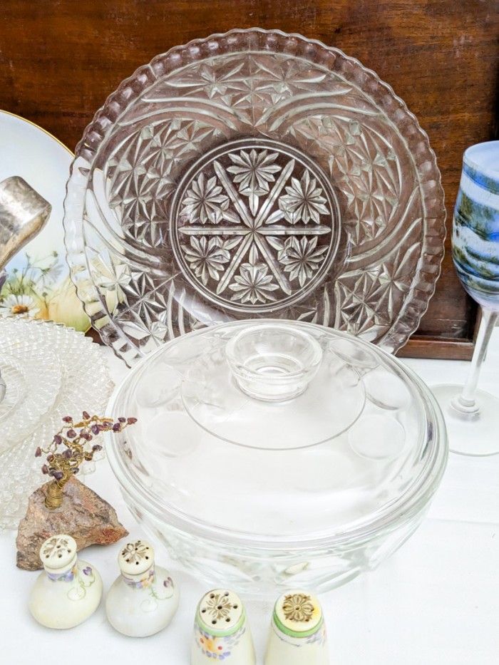 377. Wood Tray, Glass Plates, Bowls, Covered Dish, Salt + Pepper Set and Miniatures - Image 4