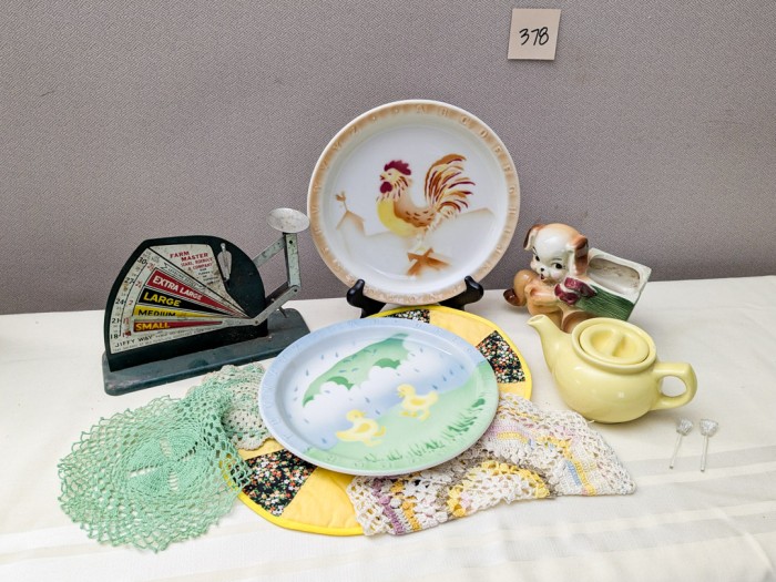 378. Egg Scale, (2) Syracuse Plates, Teapot, Planter + Linens