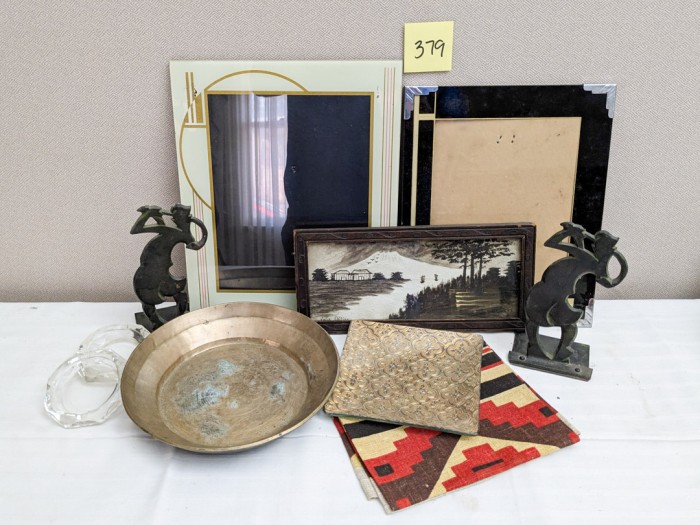 379. Brass Bowl, (2) Frames, Picture, (2) Metal Figures + Linen Towel