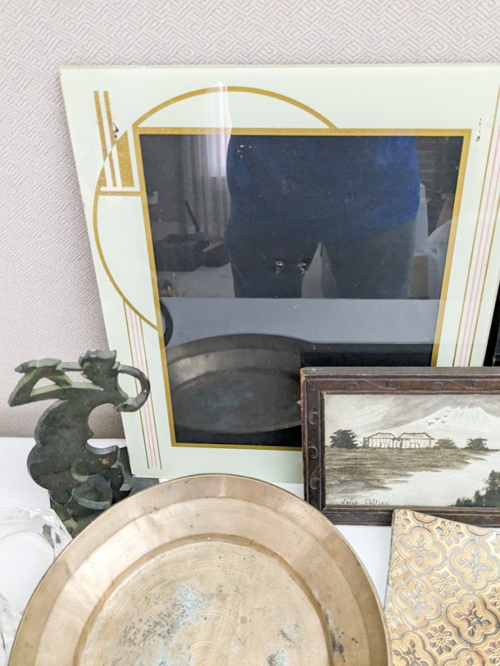 379. Brass Bowl, (2) Frames, Picture, (2) Metal Figures + Linen Towel - Image 5