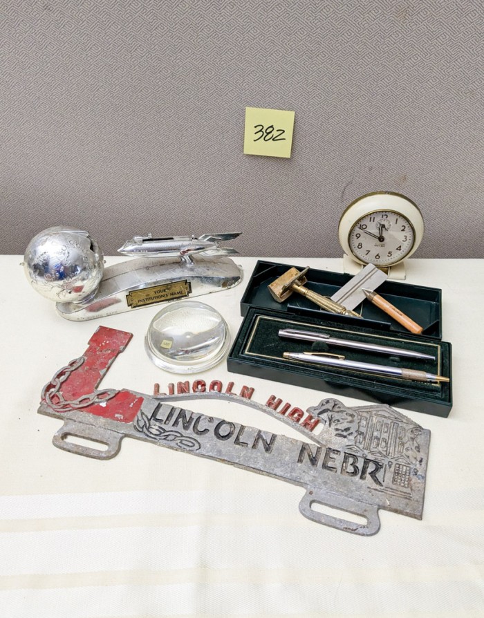 382. Lincoln High Metal Piece, Cross Pens, Bank + Clock