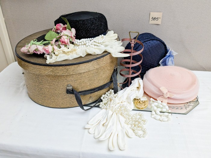 385. Mirror, Tray, Vintage Hat Box, Hats, Gloves + Necklaces