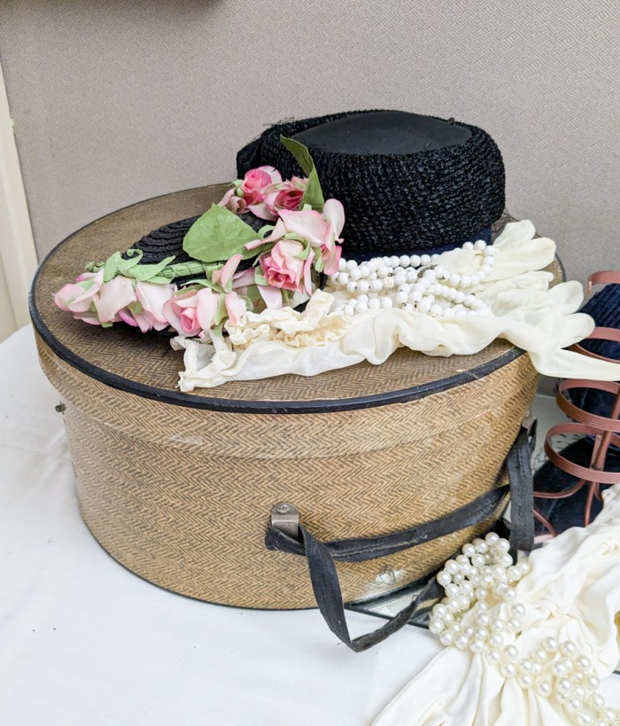 385. Mirror, Tray, Vintage Hat Box, Hats, Gloves + Necklaces - Image 2