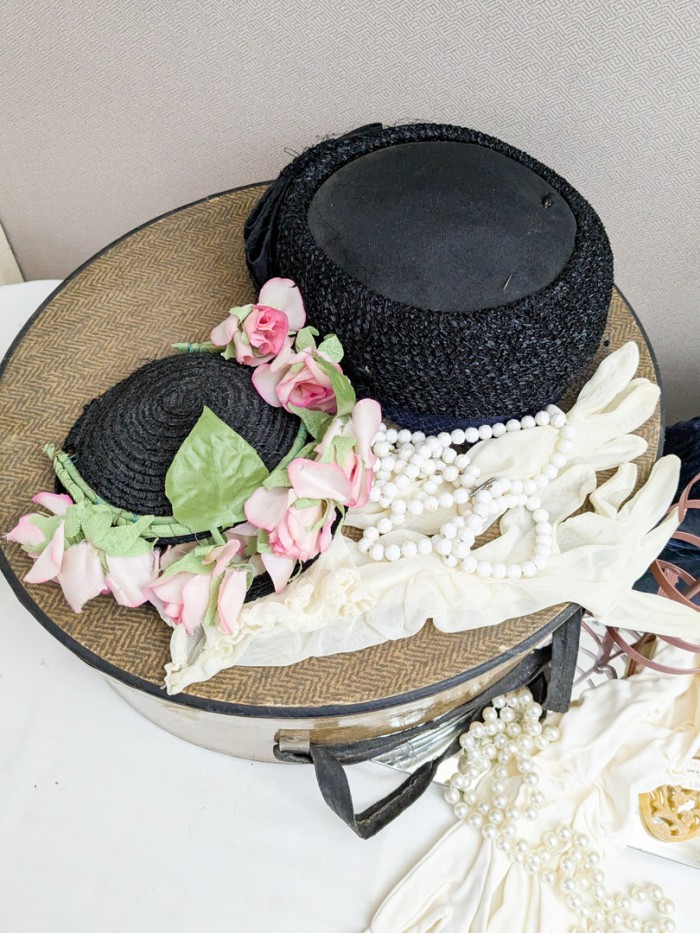 385. Mirror, Tray, Vintage Hat Box, Hats, Gloves + Necklaces - Image 9