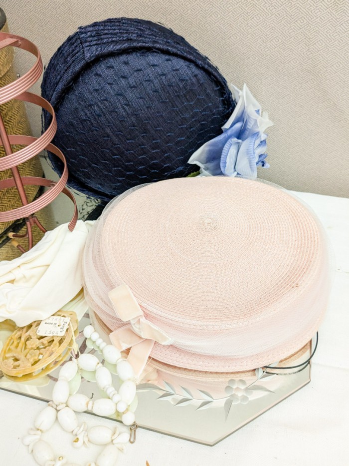 385. Mirror, Tray, Vintage Hat Box, Hats, Gloves + Necklaces - Image 5