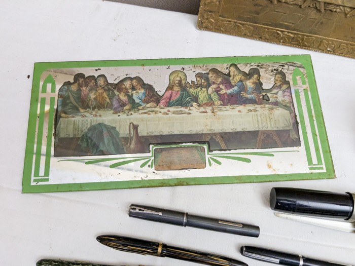 387. (2) Vintage Last Supper Art Pieces, Elgin Clock + Pens - Image 6