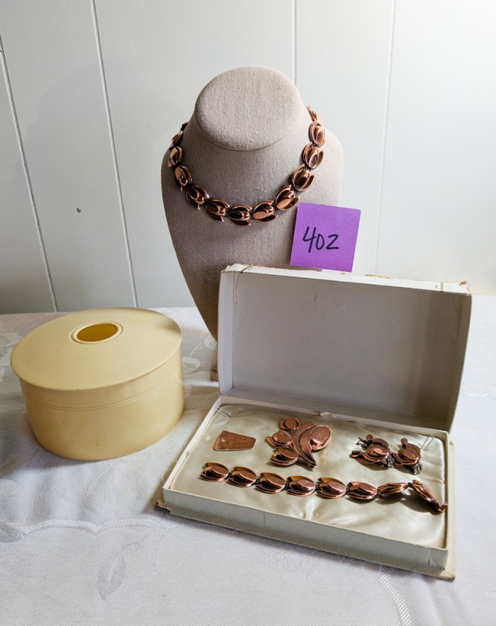 402. Vintage Renoir Copper Necklace, Bracelet, Brooch, Earrings + Vanity Piece