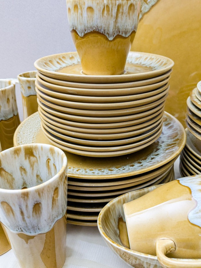 123. Canonsburg Butterscotch Dishes - (8) Dinner Plates, (5) Cereal Bowls, (2) Berry Bowls, (8) Salad Plates, (4) Tall Mugs, Tumbler, Creamer + Sugar, Salt + Pepper, (4) Serving Pcs. - Image 6