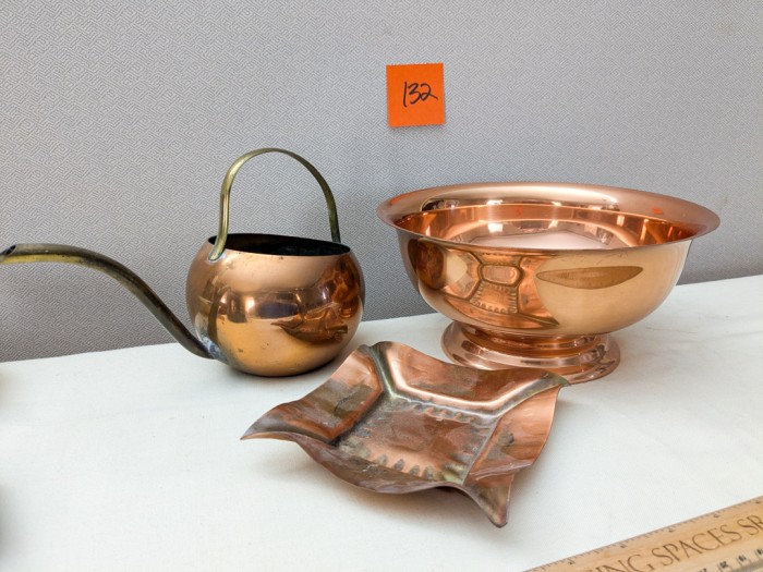 132. Copper Bowl, Watering Can + Sm. Tray