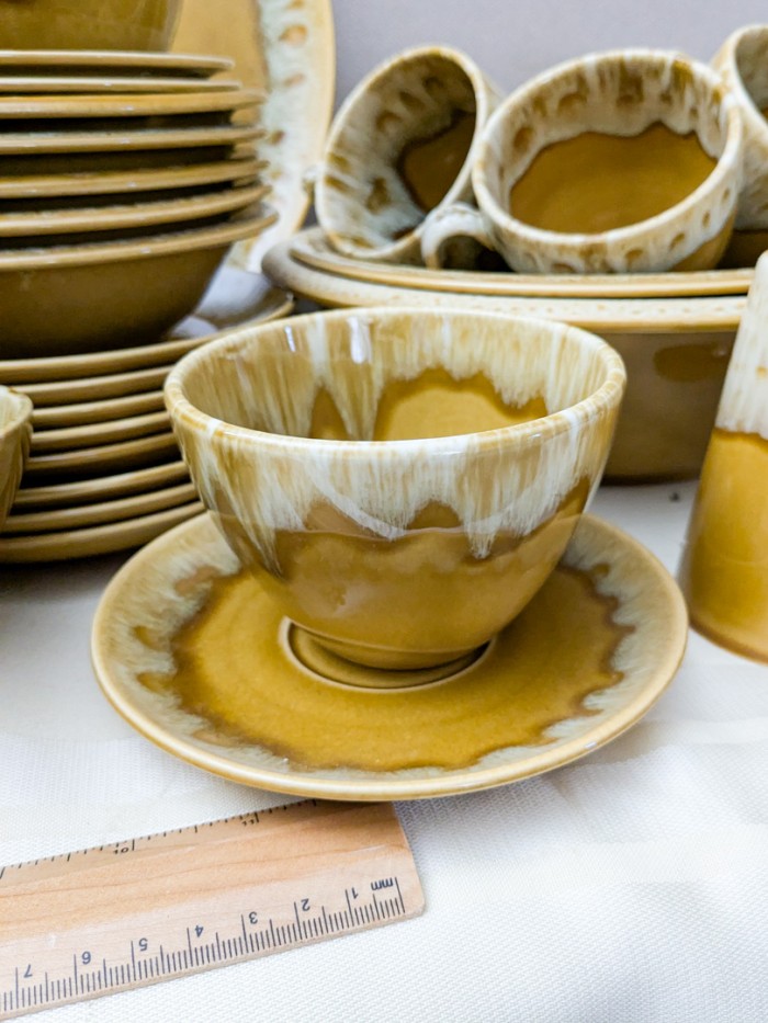 123. Canonsburg Butterscotch Dishes - (8) Dinner Plates, (5) Cereal Bowls, (2) Berry Bowls, (8) Salad Plates, (4) Tall Mugs, Tumbler, Creamer + Sugar, Salt + Pepper, (4) Serving Pcs. - Image 9