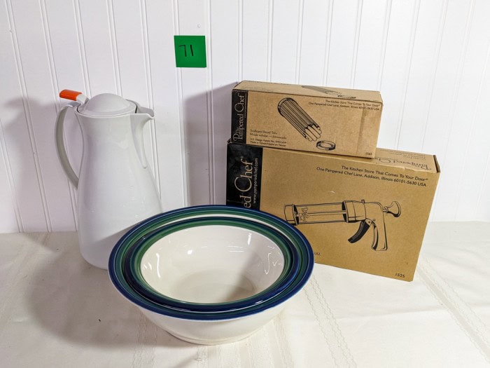 71. (2) Pfaltzgraff Bowls, (New) Pampered Chef Bread Tube + (New) Cookie Press