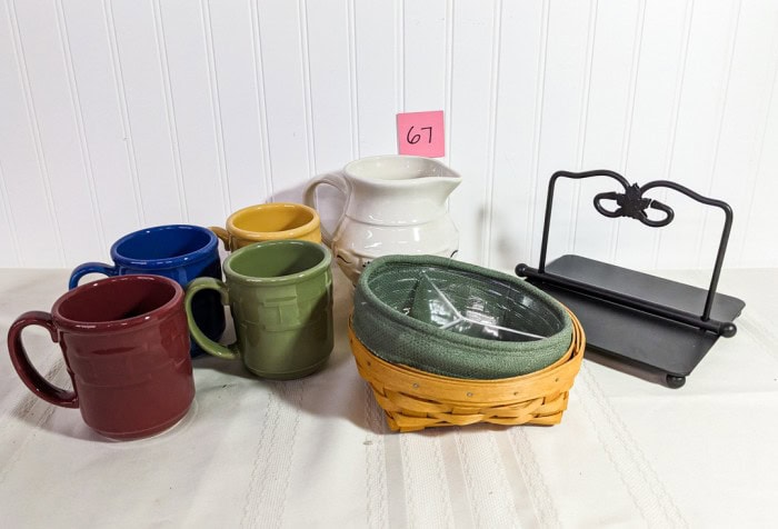 67. (4) Longaberger Cups, Divided Basket, Pitcher + Napkin Holder