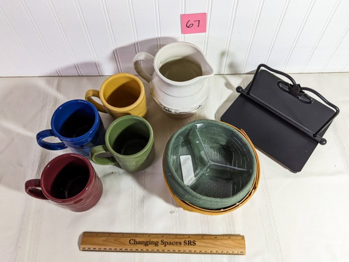 67. (4) Longaberger Cups, Divided Basket, Pitcher + Napkin Holder - Image 9