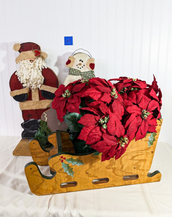 100. Wood Sled, (2) Faux Poinsettias, Santa + 25" Snowman