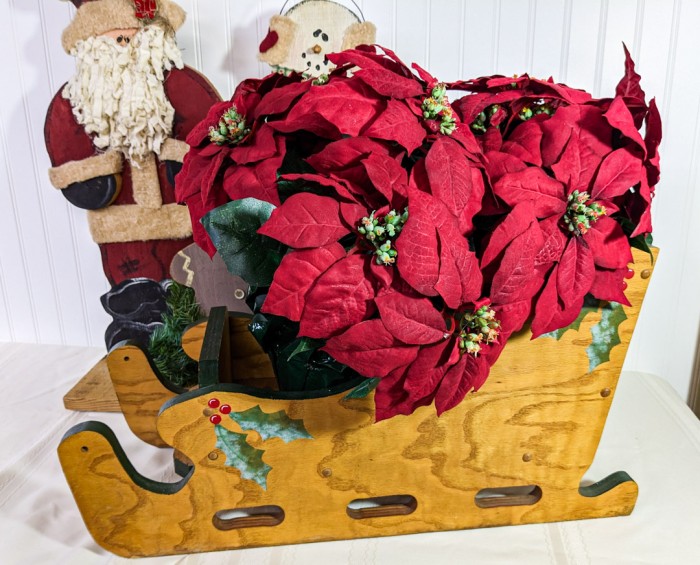 100. Wood Sled, (2) Faux Poinsettias, Santa + 25" Snowman - Image 2