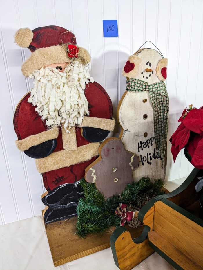 100. Wood Sled, (2) Faux Poinsettias, Santa + 25" Snowman - Image 5