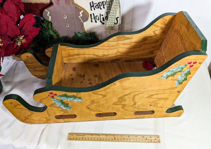 100. Wood Sled, (2) Faux Poinsettias, Santa + 25" Snowman - Image 3