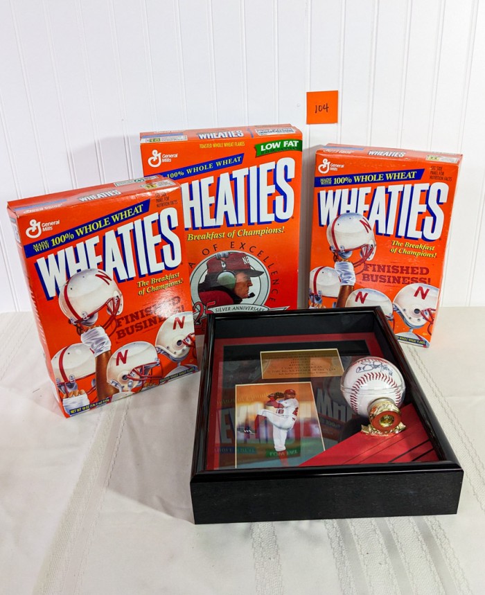 104. Husker Shane Komie Signed Ball + Photo and (3) Husker Wheaties Boxes