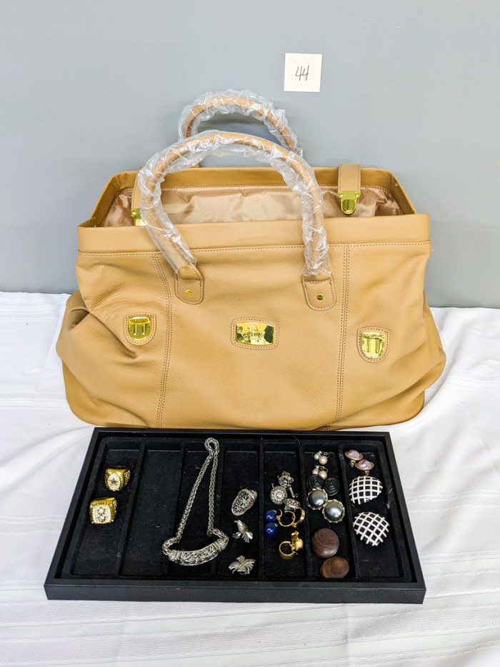 44. Joy Mangano Bag, (12) Earrings, (1) Necklace, (1) Fashion Ring, Jewelry Box + Dallas Cowboy Rings