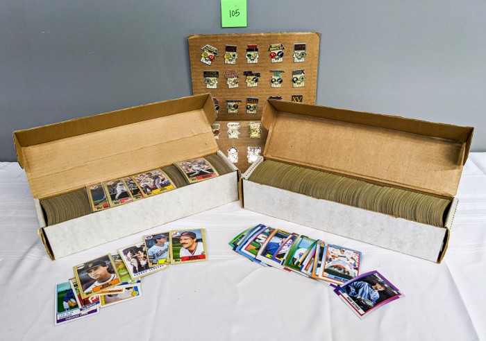 105. (2) Boxes of Baseball Cards + Collectible Super Bowl Pins