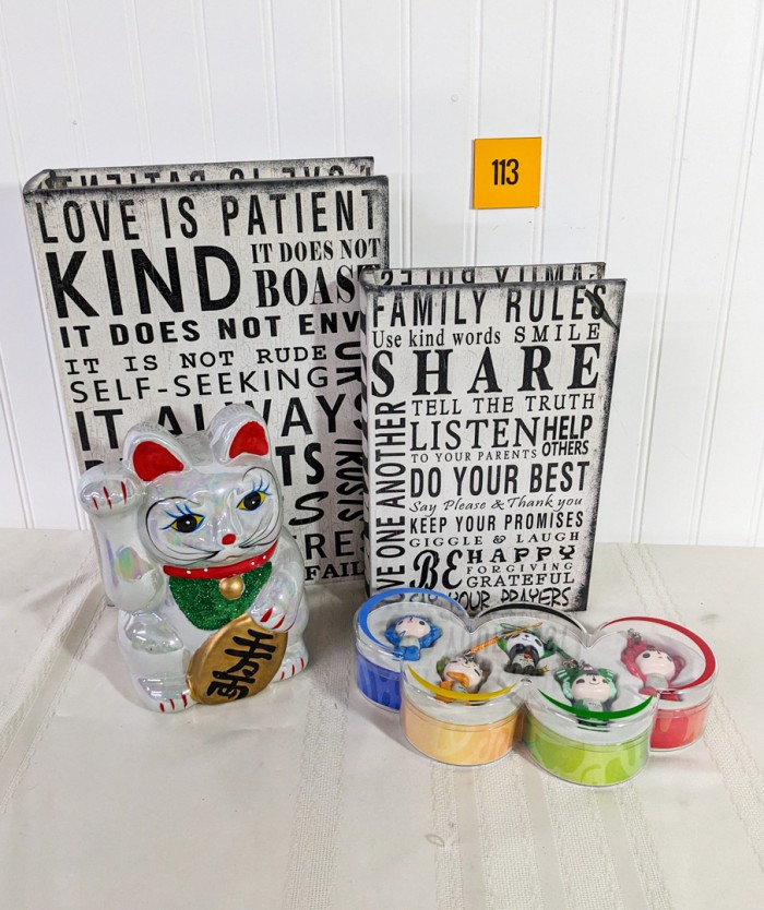 113.  Coin Bank, Olympics Keychains + Decor