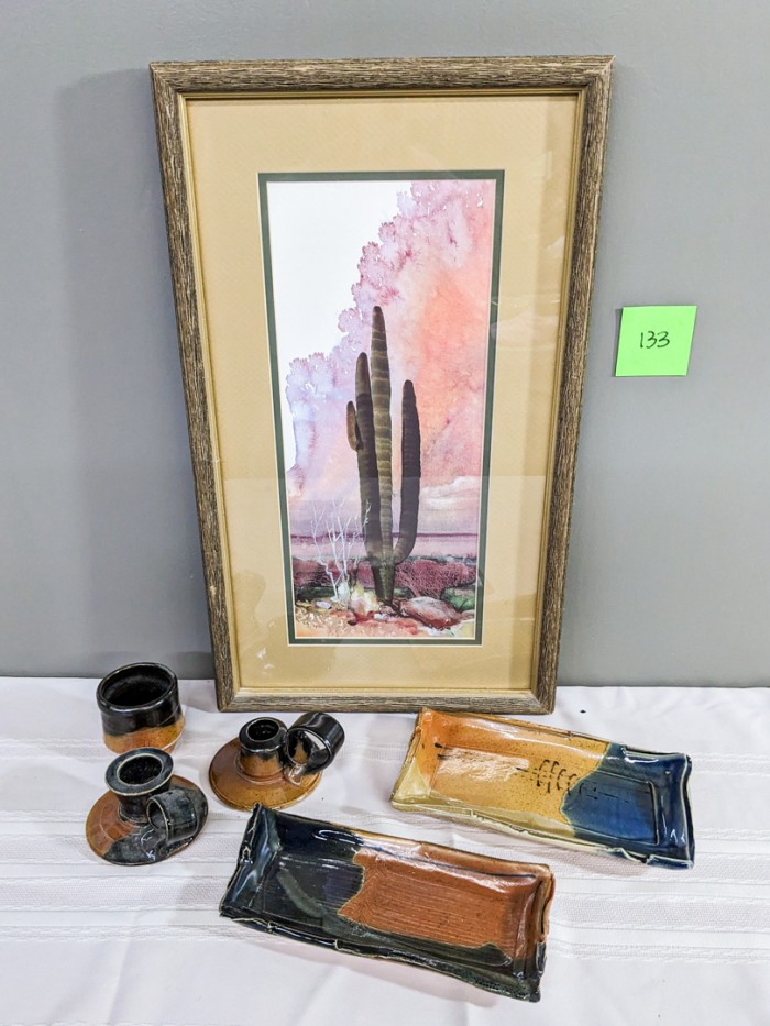 133. (5) Pottery Pieces (signed) + Cactus Art