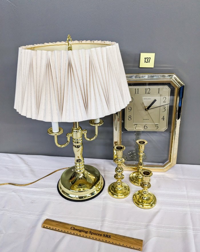 137. 21" Lamp, Brass Clock + (3) Brass Candleholders