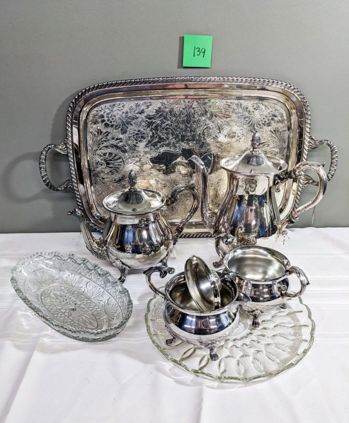 139. Silverplate Tray, Coffeepot, Teapot, Sugar + Creamer and Glass Bowl