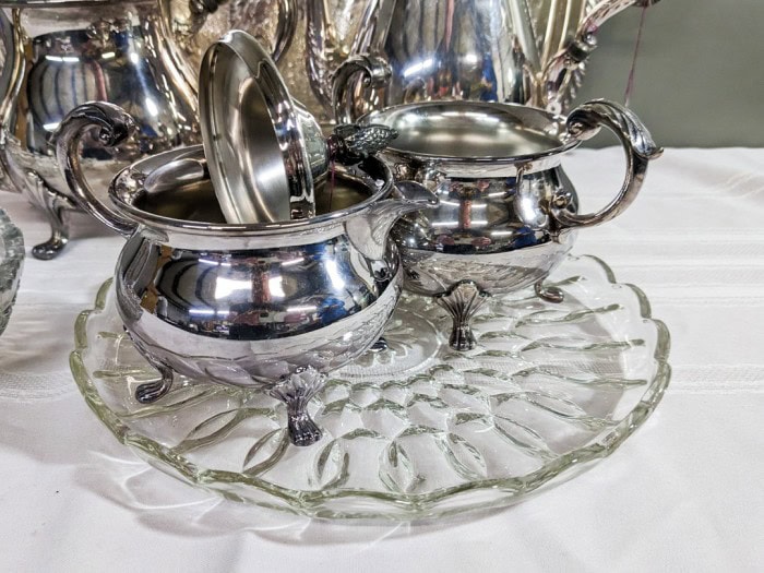 139. Silverplate Tray, Coffeepot, Teapot, Sugar + Creamer and Glass Bowl - Image 2