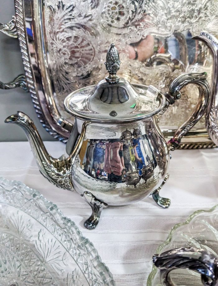 139. Silverplate Tray, Coffeepot, Teapot, Sugar + Creamer and Glass Bowl - Image 6