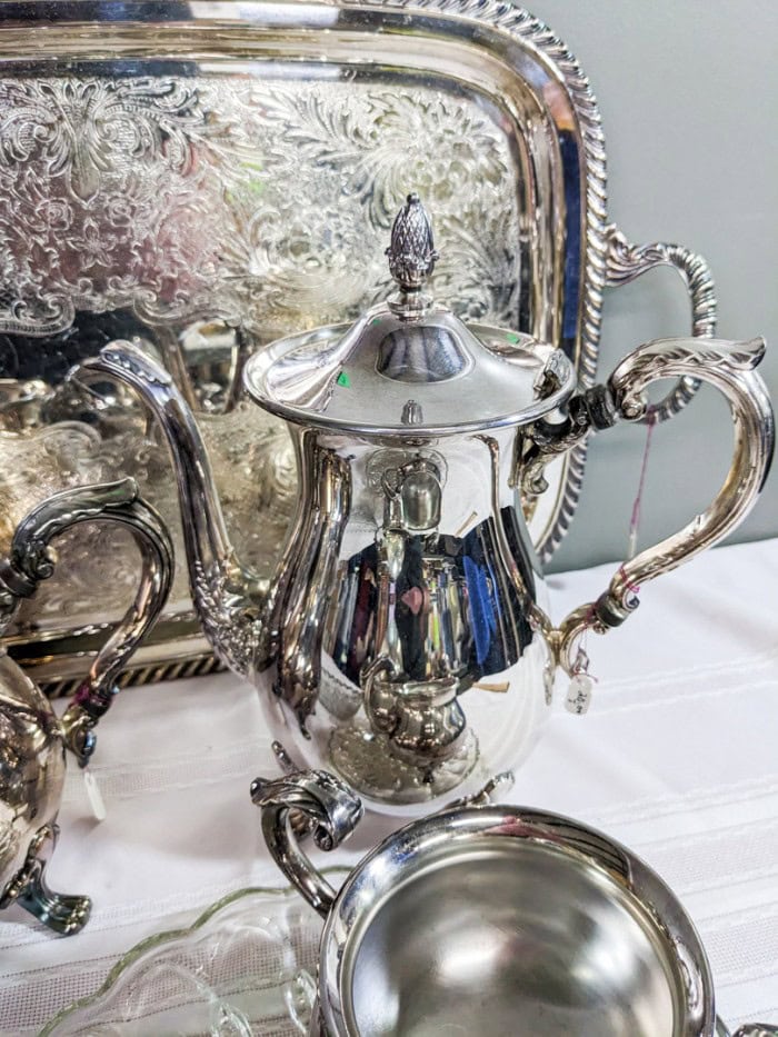 139. Silverplate Tray, Coffeepot, Teapot, Sugar + Creamer and Glass Bowl - Image 5