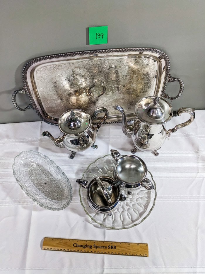 139. Silverplate Tray, Coffeepot, Teapot, Sugar + Creamer and Glass Bowl - Image 3