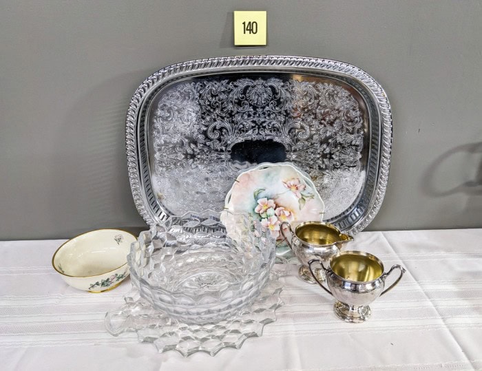 140. Silverplate Tray, Creamer + Sugar and Dishes