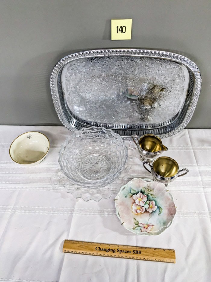 140. Silverplate Tray, Creamer + Sugar and Dishes - Image 3