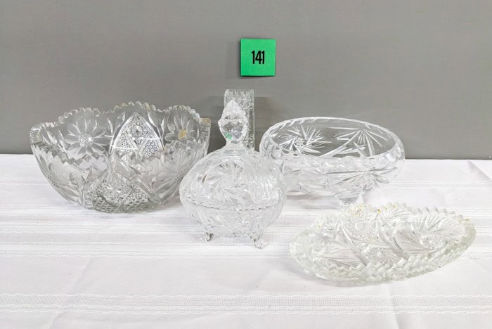 141. (2) Bowls, Oval Dish, Vase + Candy Dish