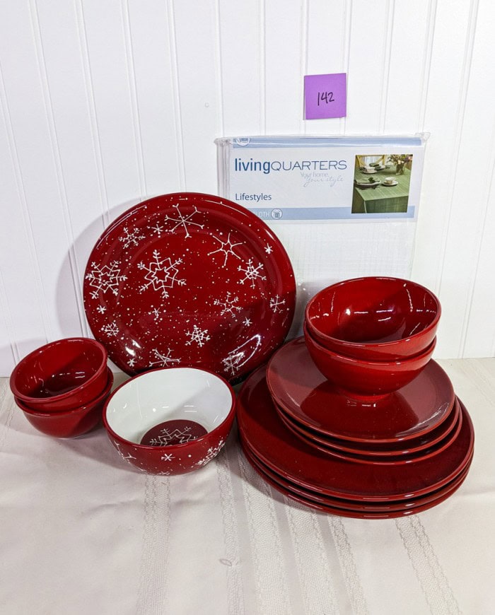 142. Waechtersbach Dishes - (3) Dinner Plates, (3) Sm. Plates + (2) Bowls, Snowflake Plate + Bowl, Tablecloth