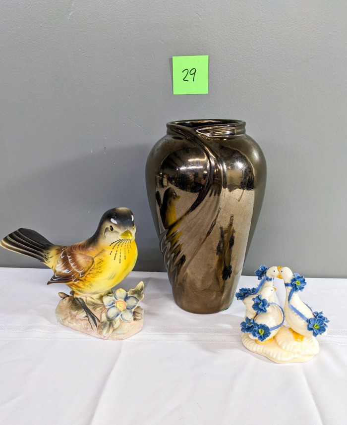 29. 10.5" Haeger Vase, Robin Planter + Lefton Geese