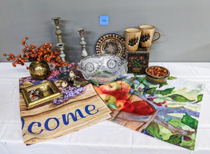 146. (3) Candleholders, (2) Flags, Glass Bowl + Decor