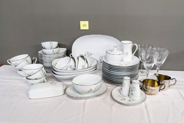 150. Noritake Rosay China - (13) Dinner Plates, (12) Salad Plates, (12) Bowls, (9) Bread Plates, (14) Teacups/(14) Saucers, (5) Serving Pcs., Creamer + Sugar, Salt + Pepper