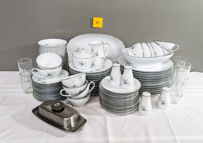 151. Noritake Sezanne China - (12) Dinner Plates, (12) Bread Plates, (12) Salad Plates, (22) Berry Bowls, (12) Teacups/(10) Saucers, (2) Serving Pcs. (2) Salt + Pepper Set, Creamer + Sugar, Pewter Butter Dish + (8) Juice Glasses