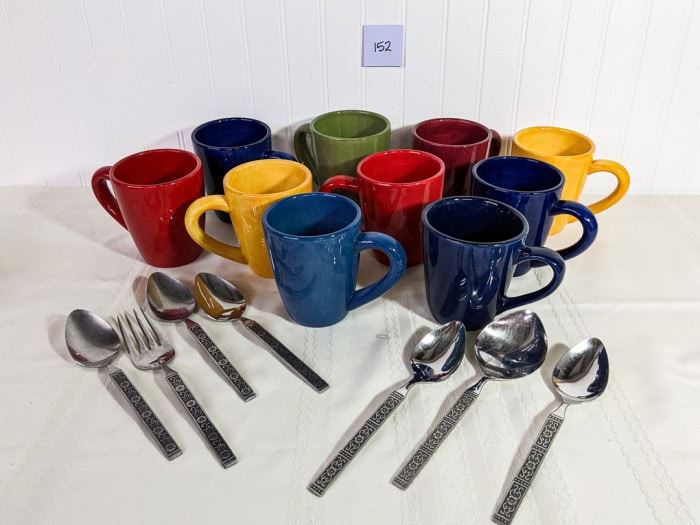 152. (10) Colorful Mugs + Stainless Steel Serving Utensils