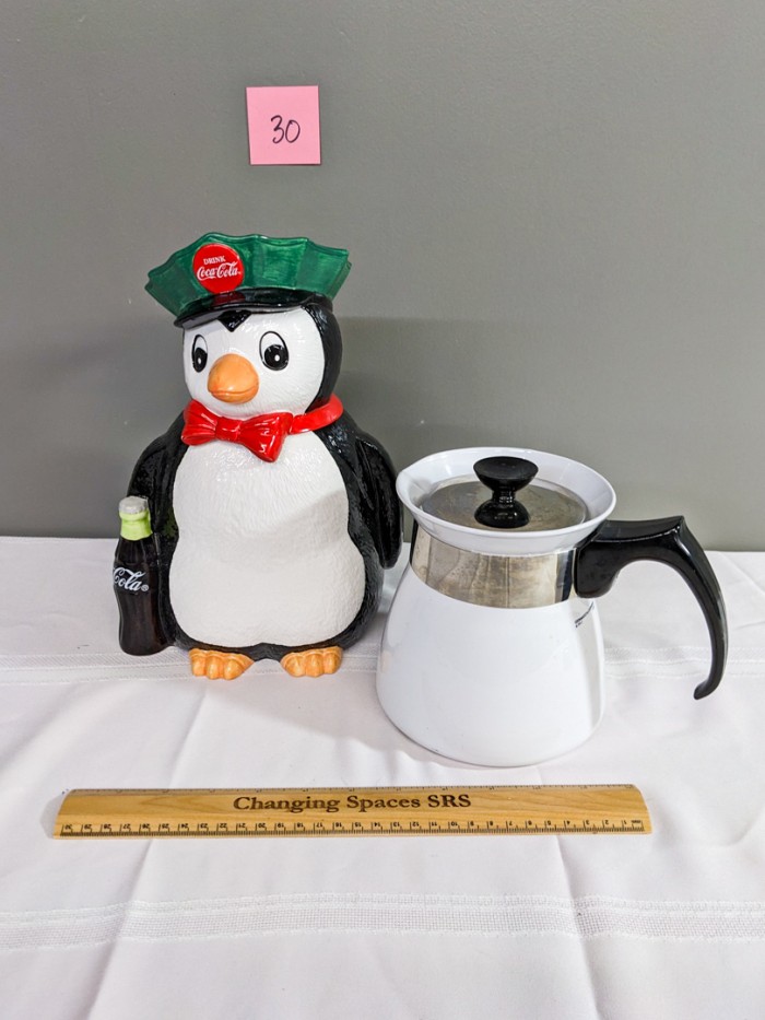 30. Coca Cola Penguin Cookie Jar + Corning Ware Teapot