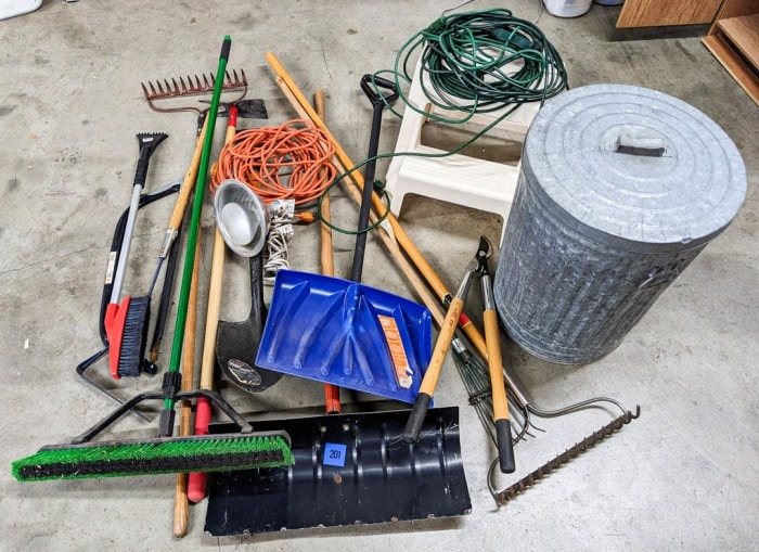 201. Garden Tools, Galvanized Trash Can + Extension Cord